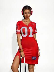 Gowayae Gowayae Vestido corto de mujer con cuello en V y mangas cortas con abertura - Rojo - Ver 7
