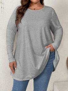 Firerie Plus Size Elegant Casual Loose Swing Long Sleeve Round Neck Solid Basic Tee, Suitable For Stay-At-Home Or Going Out Fall - Grey - View 1