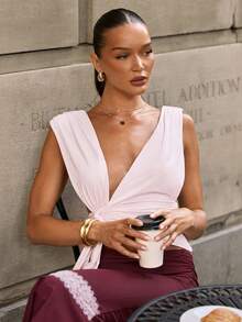 L'Amorae Women's Baby Pink Deep V-Neck Ruched Blouse, Fall, Summer, Autumn, Fashionable Tops, New Years, Christmas, Going Out - Baby Pink - View 5