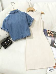 Elladie kids 女童兩件套休閒夏季層次穿搭服飾，短袖繫帶牛仔襯衫與無袖羅紋中長版背心洋裝套裝 - 杏色 - 查看 2
