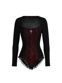 ROMWE PUNK Contrast Lace Sweetheart Neck Cross Detail Bodysuit - Multicolor - View 4