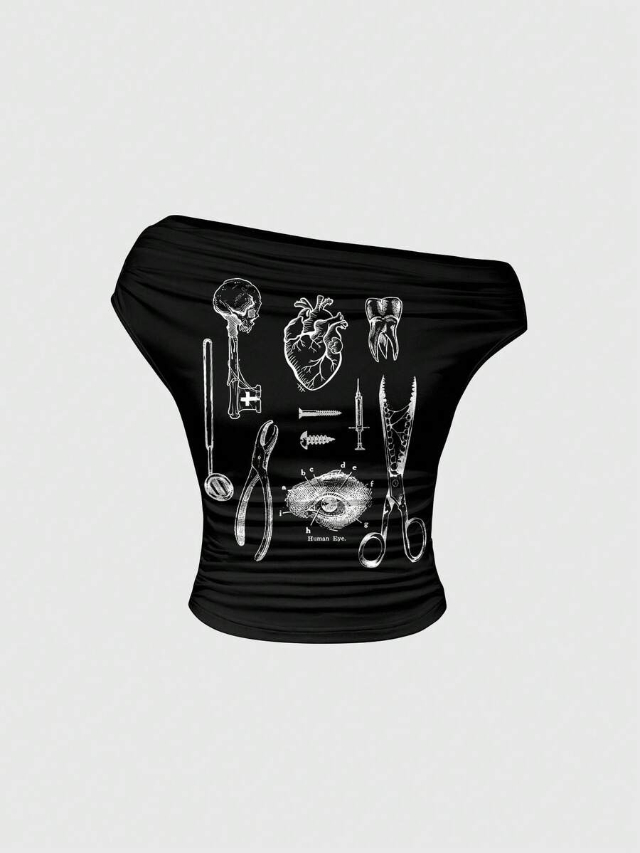 ROMWE Goth Dark Punk Vintage Tableware Skull Horror Mysterious Asymmetrical Shoulder Women's T-Shirt - Black - View 1