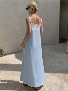 Livesso V領無袖藍色純色收腰大裙擺度假風女款長洋裝 - 藍色 - 查看 2
