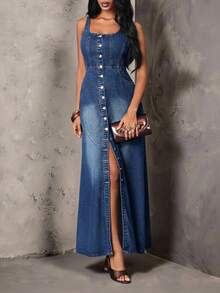 SHEIN Unity Women's Single-Breasted Split Design Casual Retro Vintage 70s 80s Daily Wear Denim Dress Everyday Going Out Fall - Blue - View 2