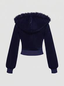 ROMWE Grunge Punk Setelan Wanita 2 Potong: Sweatshirt Berkerudung Pas Badan Bermotif Rhinestone Beludru Gaya Y2K Millennium Hot Girl, Celana Flare Pinggang Rendah - Navy Blue - View 7