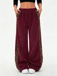 SHEIN LUNE Women's Autumn/Winter Leopard Print Patchwork Casual Straight Leg Pants - Burgundy - View 6