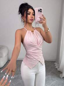 Elenzga 女款夏季優雅通勤休閒杏色葉子印花無袖掛脖領蝴蝶結領口木珠裝飾不對稱下擺腰部交叉綁帶修身顯瘦背心 - 粉色 - 查看 7