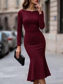 Editum Women's Elegant Commute Office Solid Color Mermaid Mid-Length Dress Burgundy Autumn Halloween New Year Party - Red Violet - View 1