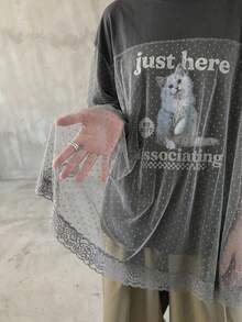 FRIFUL 女款夏季休閒街頭風網格拼接貓咪印花大尺寸寬鬆 T-shirt 圖案上衣 深灰色 城市度假 外出夜生活穿搭 - 深灰色 - 查看 6