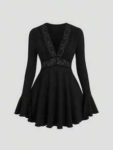 SHEIN Sweetro 女款蕾絲拼接喇叭袖長袖洋裝 - 黑色 - 查看 1