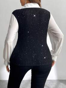 Firerie Top de mujer talla grande con lentejuelas, patchwork, contraste de color y bajo asimétrico - Multicolor - Ver 2