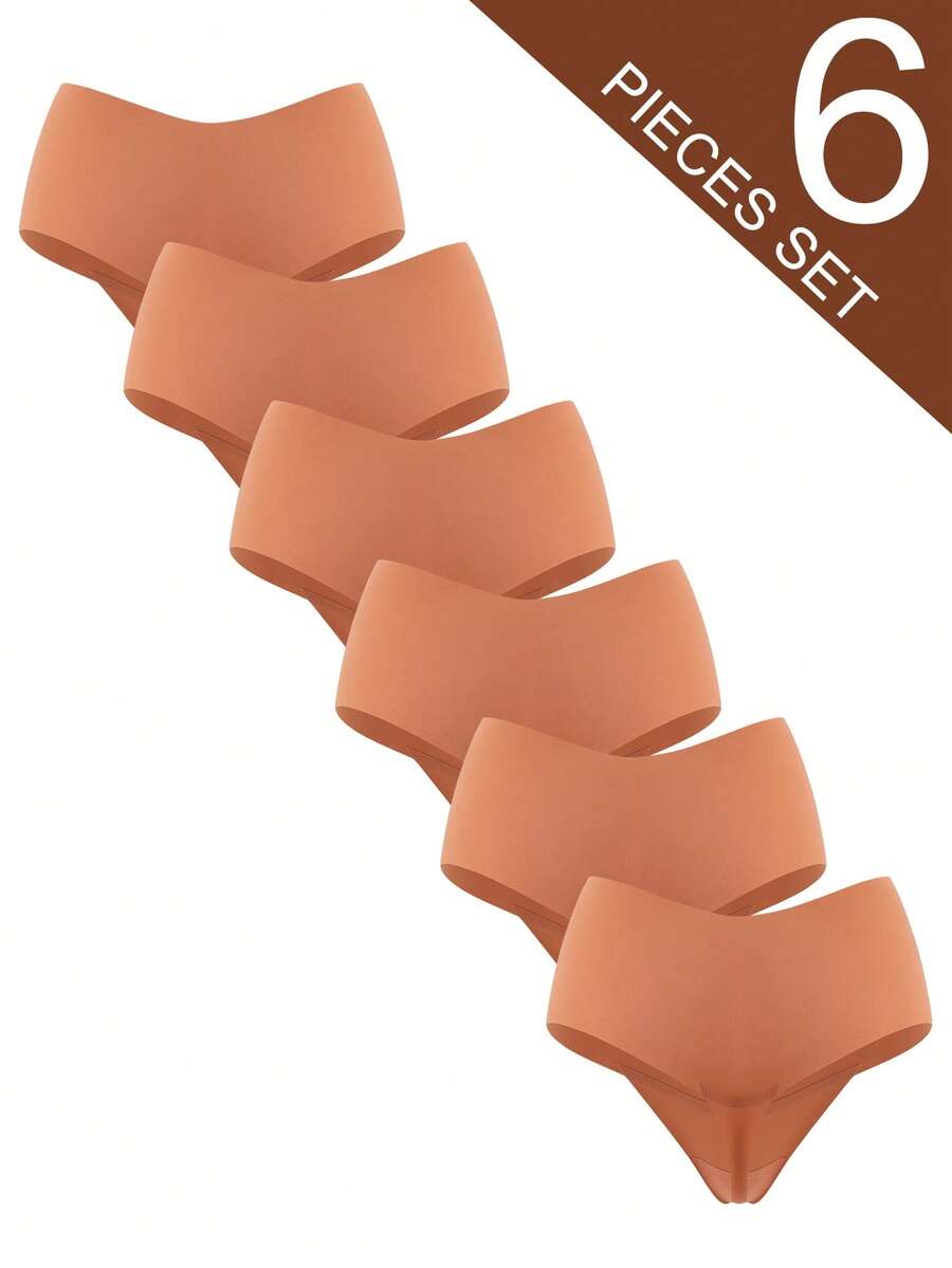 SHEIN Random 1pc, Random 4pcs, Random 6pcs Women's Seamless Solid Color Mid-Waist Thong Panties - Burnt Orange - View 1