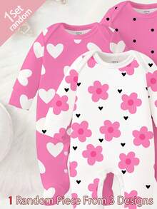 SHEIN 【随机3套，送1套】可爱爱心印花、艺术花卉印花、玫红色波点印花，新生儿连体睡衣，舒适便捷，春夏柔软休闲睡衣套装，让宝宝看起来可爱活泼，面料柔软舒适。 - 彩色 - 查看 4