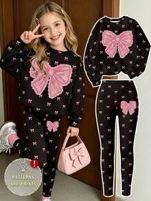 Girls' Fashion Creative Polka Dot Pink Bow Design Print Basic Crew Neck Sweatshirt & Pink Bow Design Leggings Set - Multicolor - View 1