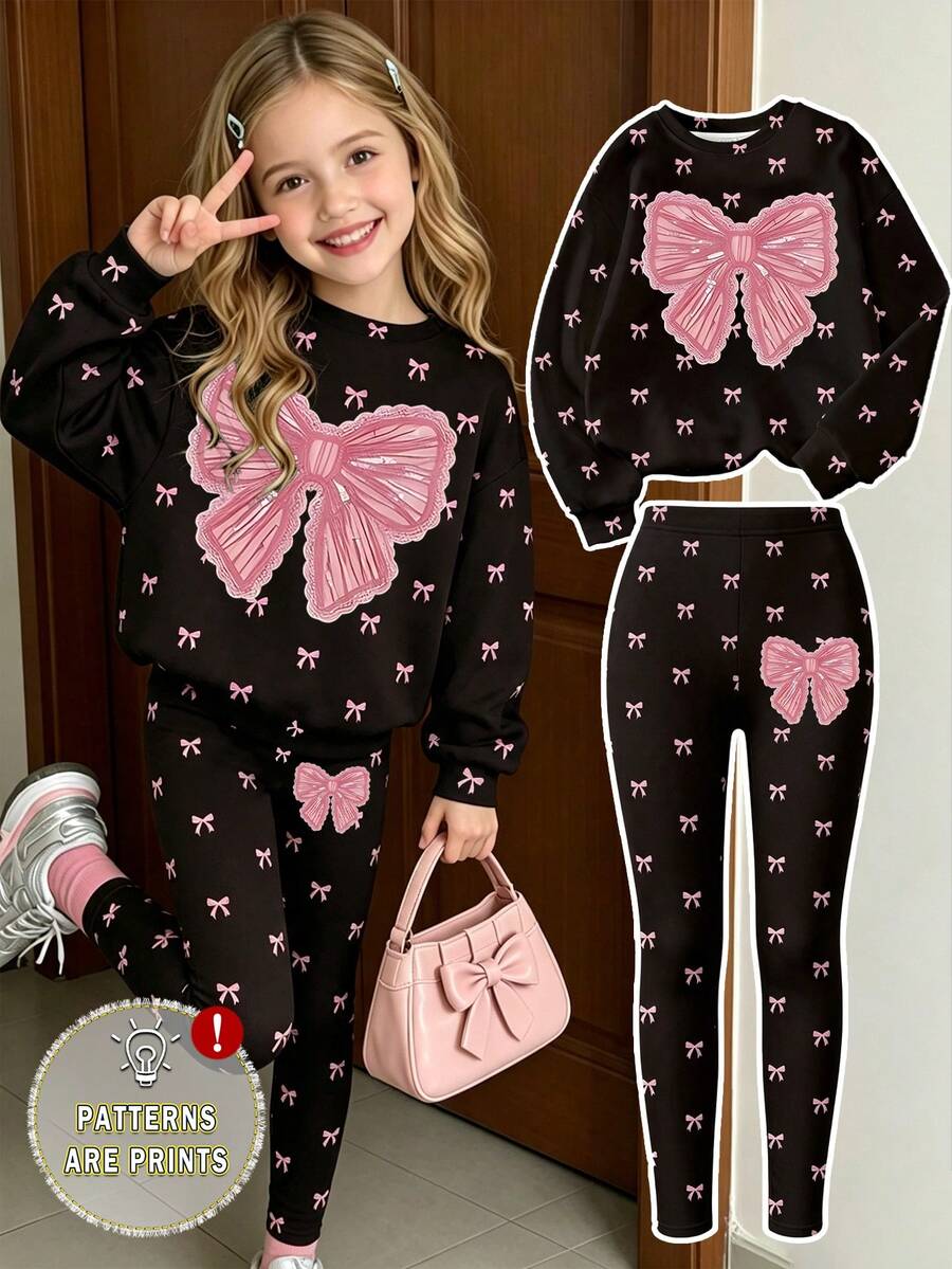 Girls' Fashion Creative Polka Dot Pink Bow Design Print Basic Crew Neck Sweatshirt & Pink Bow Design Leggings Set - Multicolor - View 1