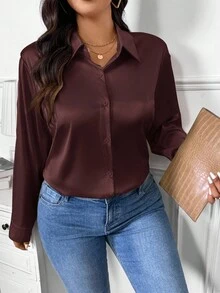 SHEIN Frenchy 休閒法式緞面米色大尺碼襯衫，適合辦公、通勤和日常穿著，女款秋季服飾 - 咖啡棕 - 查看 5