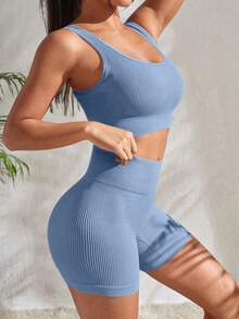 Solea Cove Set Olahraga Rib-Knit Plain - Baby Blue - View 5