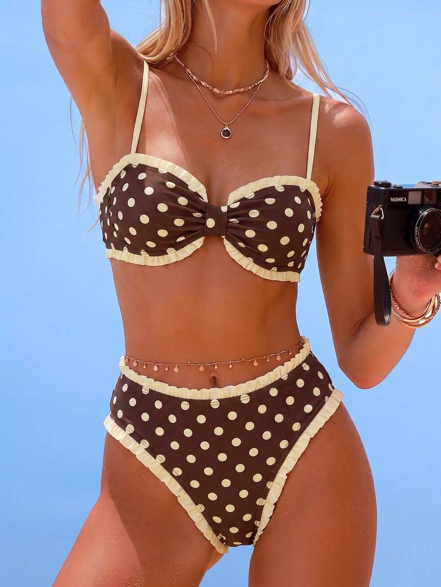 Swim Mod Young Girl Polka Dot Print Padded Ruched Tankini Top & High Waist Ruffle Trim Triangle Bottoms Swimwear Set - Multicolor - View 1