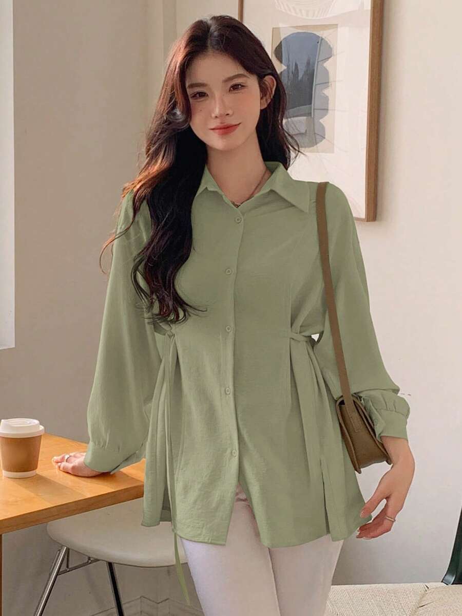 DAZY Women Solid Color Simple Pleated Long Sleeve Spring/Summer Shirt Easter - Green - View 1