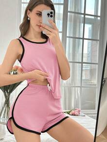 SHEIN 女款對比滾邊休閒背心與短褲家居服套裝 - 粉色 - 查看 6
