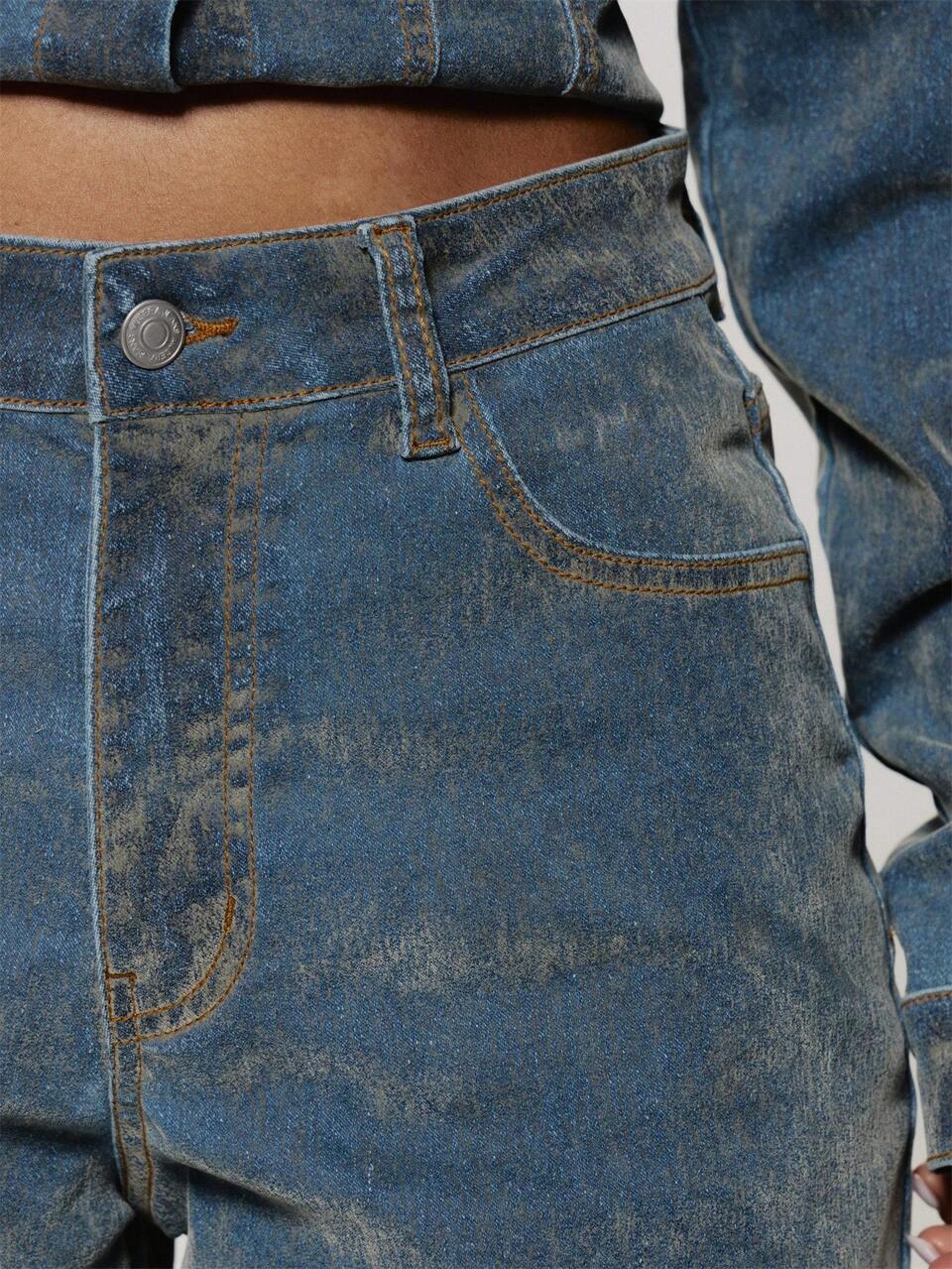 Distressed-Wash Mid Rise Straight Leg Denim Jeans