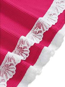ROMWE Ribbed Lace Camisole And Shorts Casual Pajama Set - Hot Pink - View 3