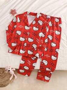 HELLO KITTY AND FRIENDS | SHEIN 少女卡通可愛圖案印花長袖上衣與長褲居家服套裝 節慶穿搭 秋冬開襟衫 - 紅色 - 查看 1
