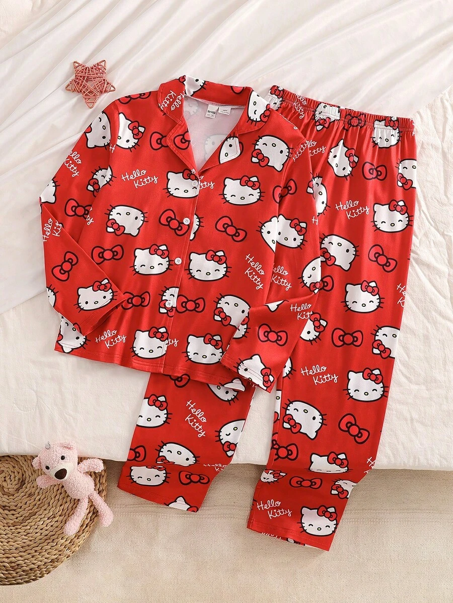 HELLO KITTY AND FRIENDS | SHEIN 少女卡通可愛圖案印花長袖上衣與長褲居家服套裝 節慶穿搭 秋冬開襟衫 - 紅色 - 查看 1