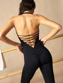 VARSIVA Solid Color Backless Halter Neck Slim Fit Sports Jumpsuit - Black - View 6