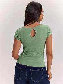 SHEIN BAE Sage Green Short-Sleeved T-Shirt With A Slouch Collar, Sexy Elegant Hot Girl, Comfortable And Casual, Brunch Summer - Mint Green - View 2