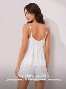 LUVLETTE Summer Sweet Elegant Airy White Polka Dot Pajama Set - Ruffled Camisole & Shorts Sheer Sophisticated Lounge Wear - White - View 7