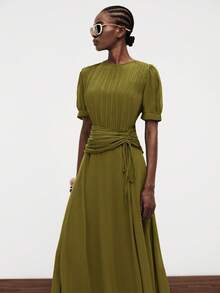 Aveloria Modichic Dress A-Line Fitted Waist Chiffon Ruched Chest Knot Tie Puff Sleeve Elegant Minimalist Garden Party Brunch Tea Olive Green Solid Long Summer - Olive Green - View 1