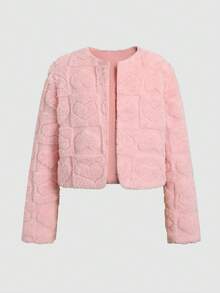 SHEIN SHIEN 青少年女孩愛心紋理純色粉色毛絨夾克，適合派對秋冬穿搭 - 粉色 - 查看 3