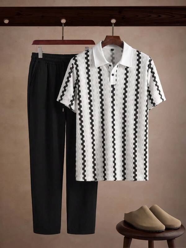 Core Aspect Men's 2 Pieces Polo Set, Textured Fabric Contrast Collar Polo + Drawstring Casual Pants, Daily Commute Outfit