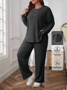 SHEIN Essnce 2件套加大码纯色罗纹圆领长袖上衣和裤子套装 - 深灰色 - 查看 6