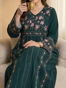 SHEIN Najma 女款花卉條紋蕾絲印花大尺碼洋裝，春秋時尚V領長袖寬鬆長版長洋裝，花卉圖案深綠色阿拉伯風服飾 - 彩色 - 查看 6