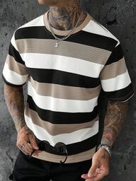 SLATEMANN Men's Comfortable Striped Textured Fabric, Small Round Neck Short Sleeve T-Shirt, Casual Vacation, Gathering, Daily Date, Minimalist Versatile Style, Sports, Cycling, Suitable For Self-Wear Or Gifting To Friends, Hot-Selling Short Sleeve Striped T-Shirt