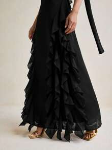 SHEIN Black Side Ruffles Chiffon Spaghetti Straps Maxi Dress With Scarf Boho Elegant Vacation Summer Party Night Dinner - Black - View 4