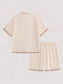 Whitmere Plus Size Men's Casual Loose Suit, Short Sleeve Button-Down Shirt And Shorts 2-Piece Set, Fashionable Relaxed Beach Outfit - Apricot - View 6