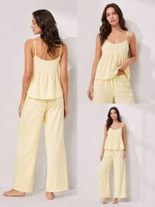 LUVLETTE Soft Airy Women's Yellow Summer Sweet Two-Piece Set - Double-Layered Ruffles & Polka Dots Adorable Breezy Home Wear - Yellow - View 3