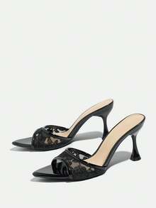 Glamine Women's High Heel Shoes, Fashionable For Parties, Outdoor Events, Banquets, With Transparent Mesh, Printed Pattern, Soft Mirror-Like Material - Black - View 4