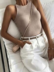 DAZY Women's Solid Color Sleeveless Fitted Knit Top Brunch Shades Of Brown Summer Minimalist Basic - Apricot - View 1