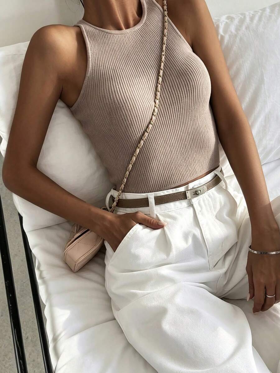 DAZY Women's Solid Color Sleeveless Fitted Knit Top Brunch Shades Of Brown Summer Minimalist Basic - Apricot - View 1