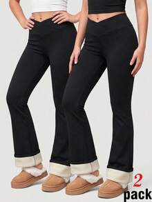 SHEIN 2pcs/Set Tween Girls' Casual Solid Color Flare Pants, Buy 1 Get 1 Free - Black - View 2