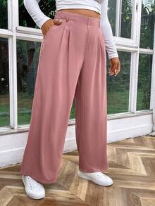 SHEIN Essnce High Waisted Plicated Side Pocket Wide Leg Waffle Work Plus Size Pants Fall - Pink - View 7