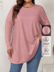 Firerie Plus Size Elegant Casual Loose Long Sleeve Crew Neck Solid Basic Layering Ruffle Hemline T-Shirt Spring Fall - Pink - View 9