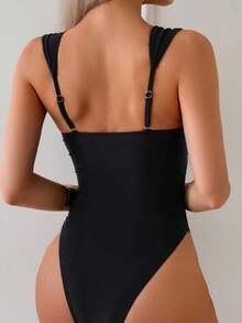 Swim Basics Women's Sexy One-Piece Hollow Front Solid Color Swimsuit For Summer - Black - View 2