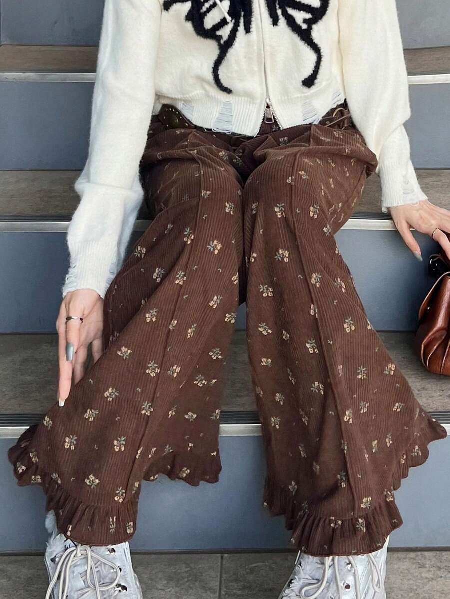 FRIFUL Women's Fashion Vacation Textured Floral Print And Ruffle Hem Long Pants - Brown - View 1