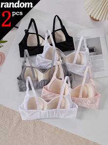 [2pcs Randomly Sent]Simple Girl's Wireless Bra, Thin Solid Color Sports Bra, Bandeau Bra For Teenage Girls - Multicolor - View 2