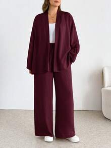 SHEIN Essnce 大尺碼女款純色長袖上衣與寬腿褲休閒日常兩件套秋季 - 酒紅色 - 查看 5